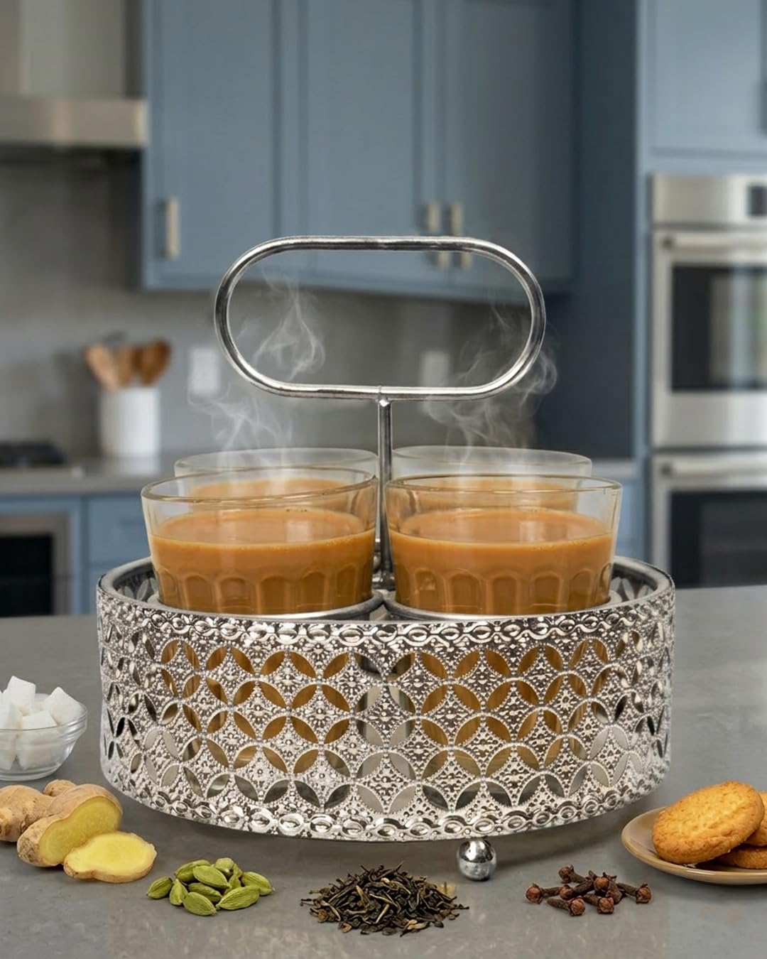 Set of 4 Printed Cutting Chai Glasses with Ivory Metal Stand Tray – 120ml Tea Glass Set with Wrought Iron Holder & Carrier for Home, Café, Kitchen