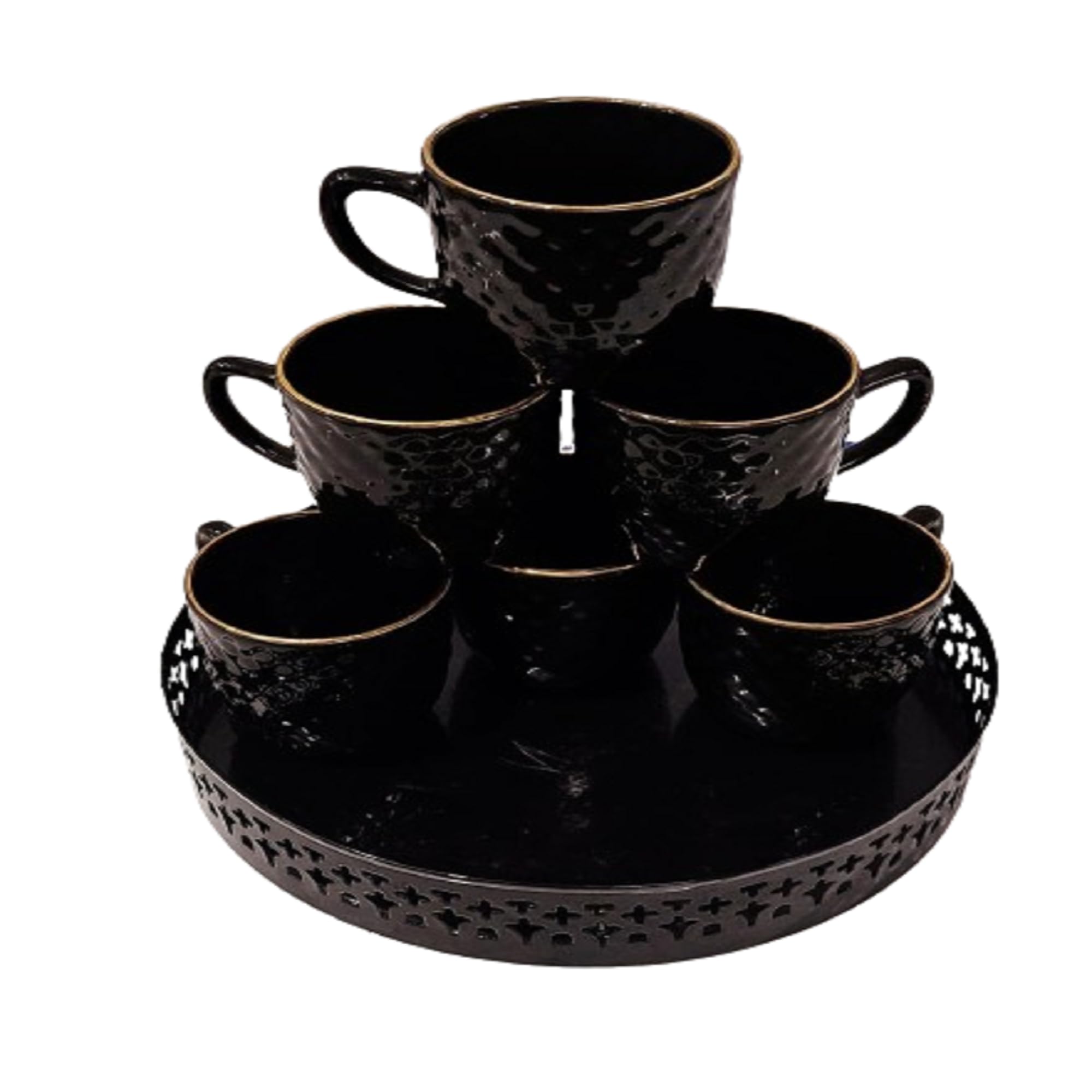 6 Tea/Coffee Ceramic Cup with Designer Metal Tray | Luxury Tea Cup Set with with Tray for Kitchen Tableware