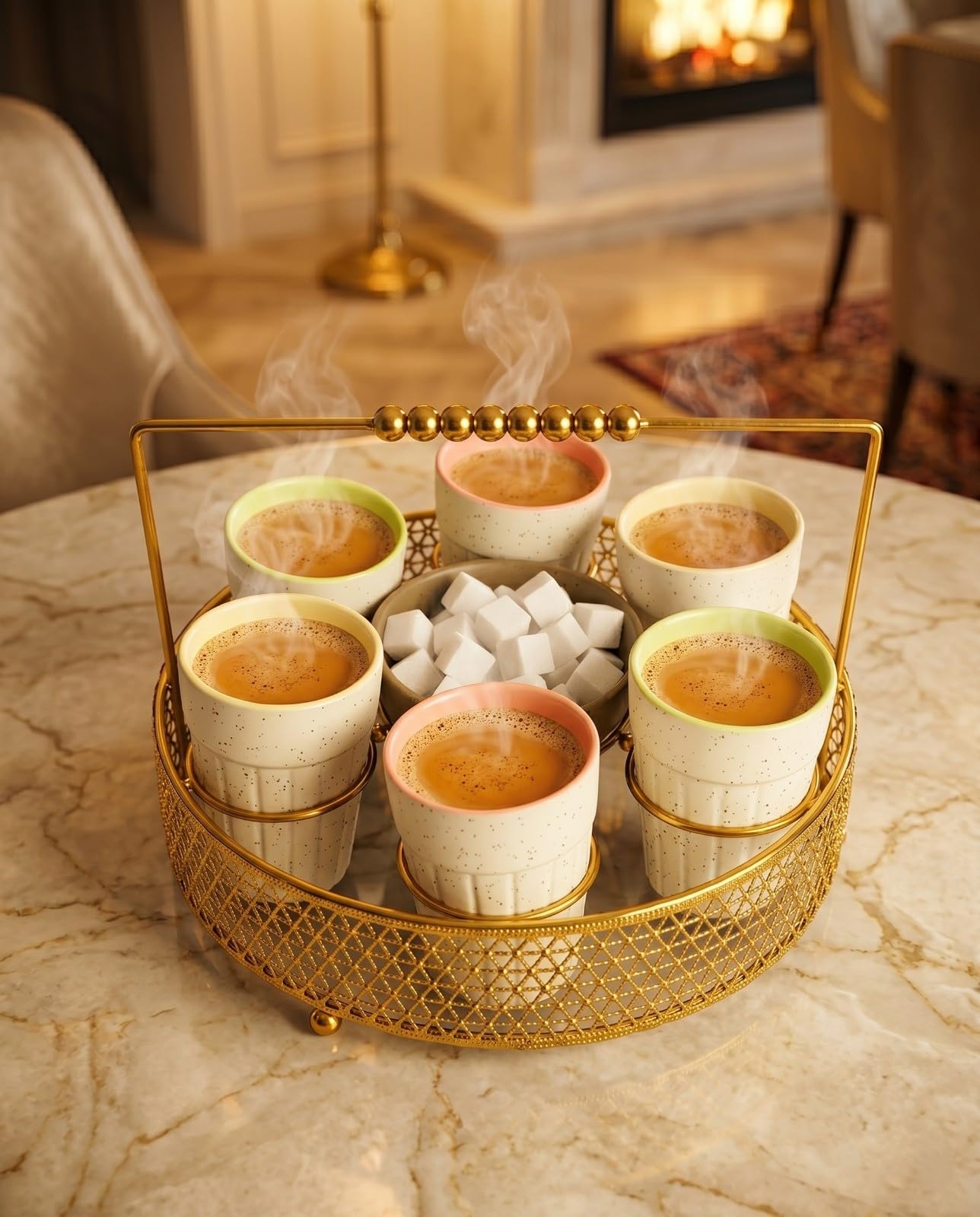Cutting Chai Glasses with Metal Holder Stand, Ceramic Glasses with Sugar Bowl for Serving Tea, Coffee, Lassi - 23 CM Diameter