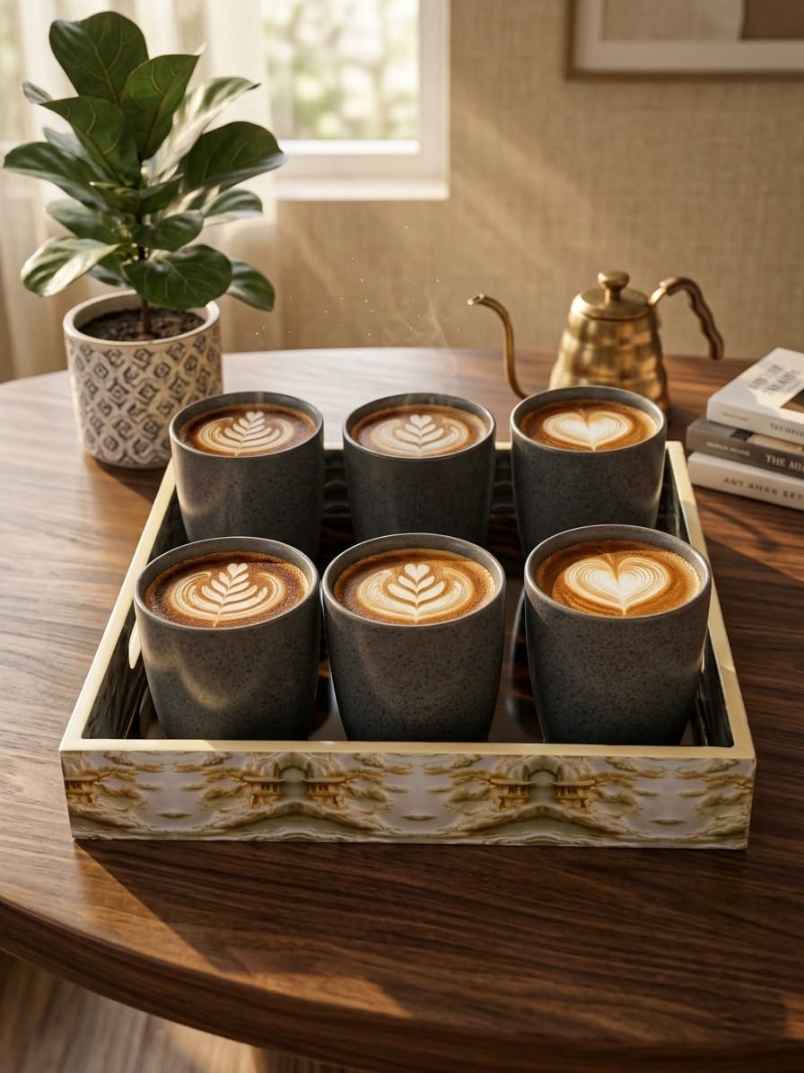 Ceramic Tea Cup Set of 6 with Designer MDF Serving Tray, Stoneware Coffee Mugs, Speckled Finish, for Home, Office & Gifting