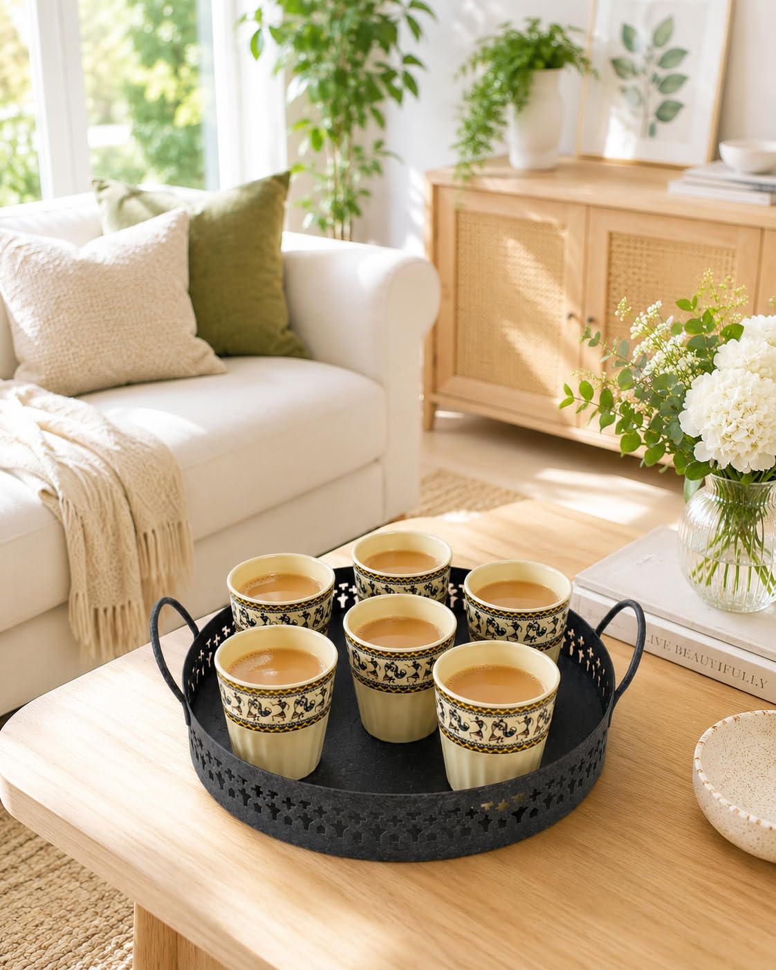 Set of 6 Mug Set with Metal Tray, Glasses with Metal Stand Coffee/Tea/Soup Mug Cup Set