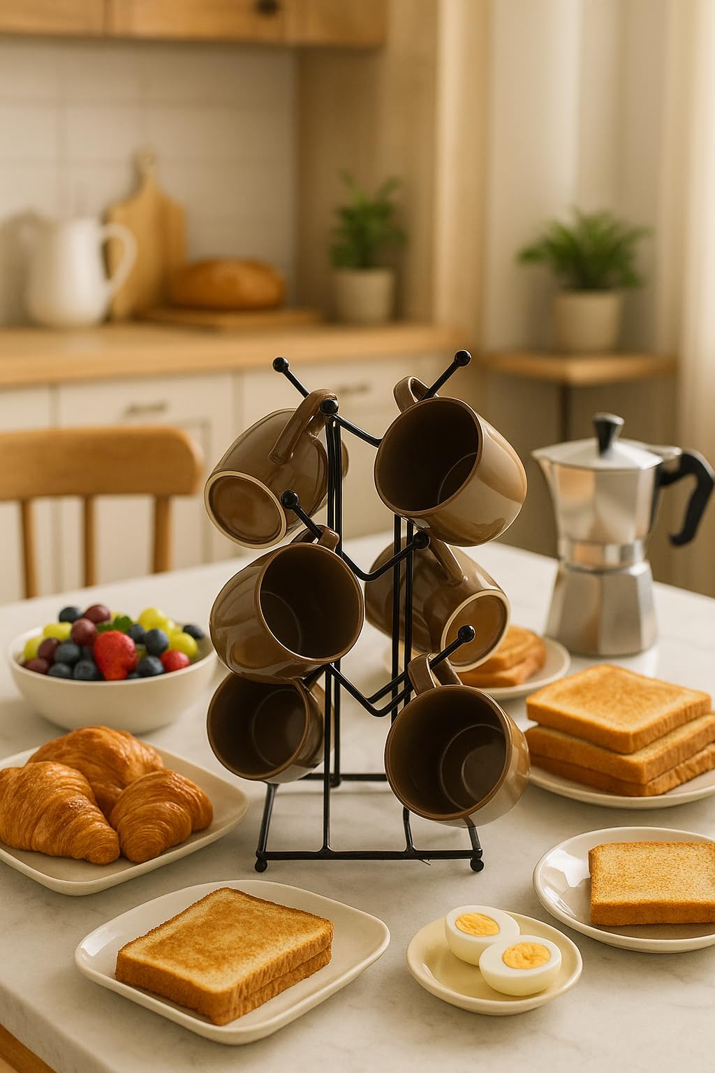Porcelain Coffee Mug Set of 6 with Metal Stand 180ml | Brown Ceramic Tea & Coffee Cups for Home, Kitchen, Office & Gifting | Microwave & Dishwasher Safe Latte Cappuccino Mug Set