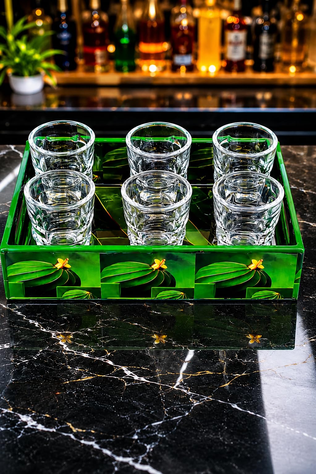 Skull Shot Glass Set of 6 (50 ml, 7 cm) with MDF Resin Tray (23 x 13 cm) | Clear Glasses for Vodka, Whiskey, Tequila & Cocktails | Durable Barware Set for Parties, Home Bar & Gifting