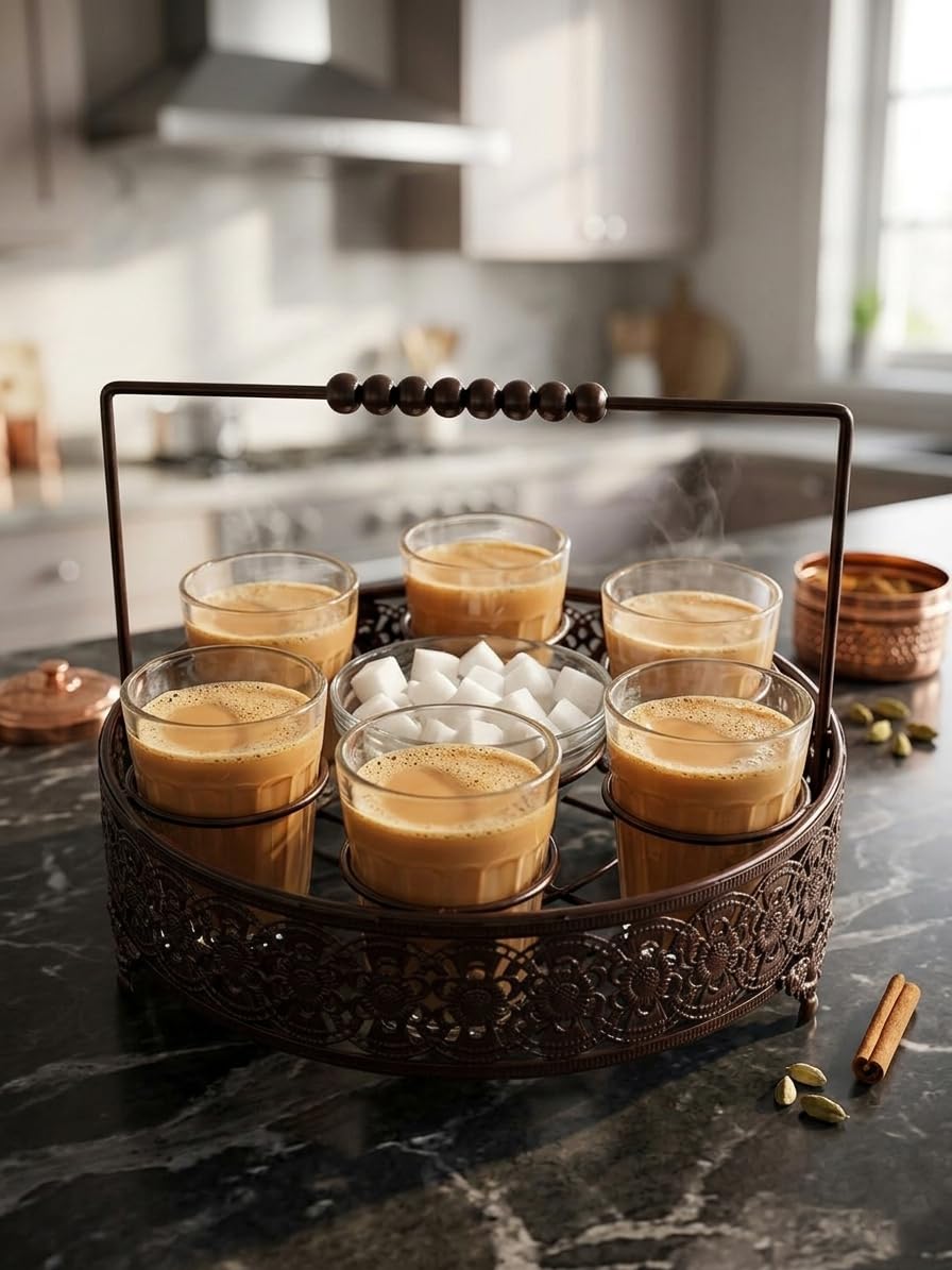 Chai Metal Stand with Glass Tumblers and Sugar Bowl – Tea, Coffee & Lassi Serving Set, Glasses with Holder for Home, Kitchen, Café & Dining