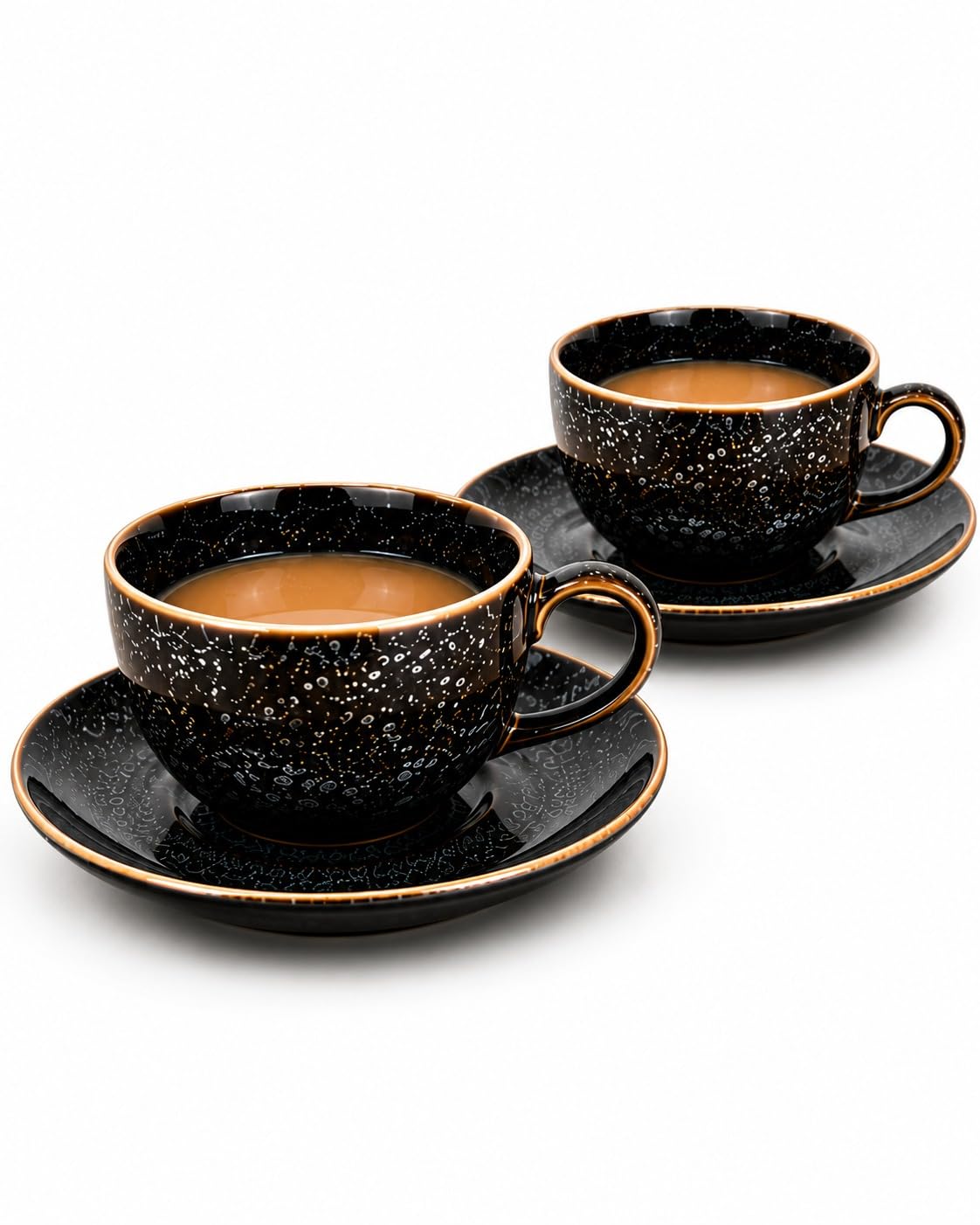 Premium Ceramic Tea & Coffee Cup Saucer Set of 2 | Galaxy Speckled Glaze | 220ml | Microwave & Dishwasher Safe | Ideal for Cappuccino, Latte, Chai | Gift Set