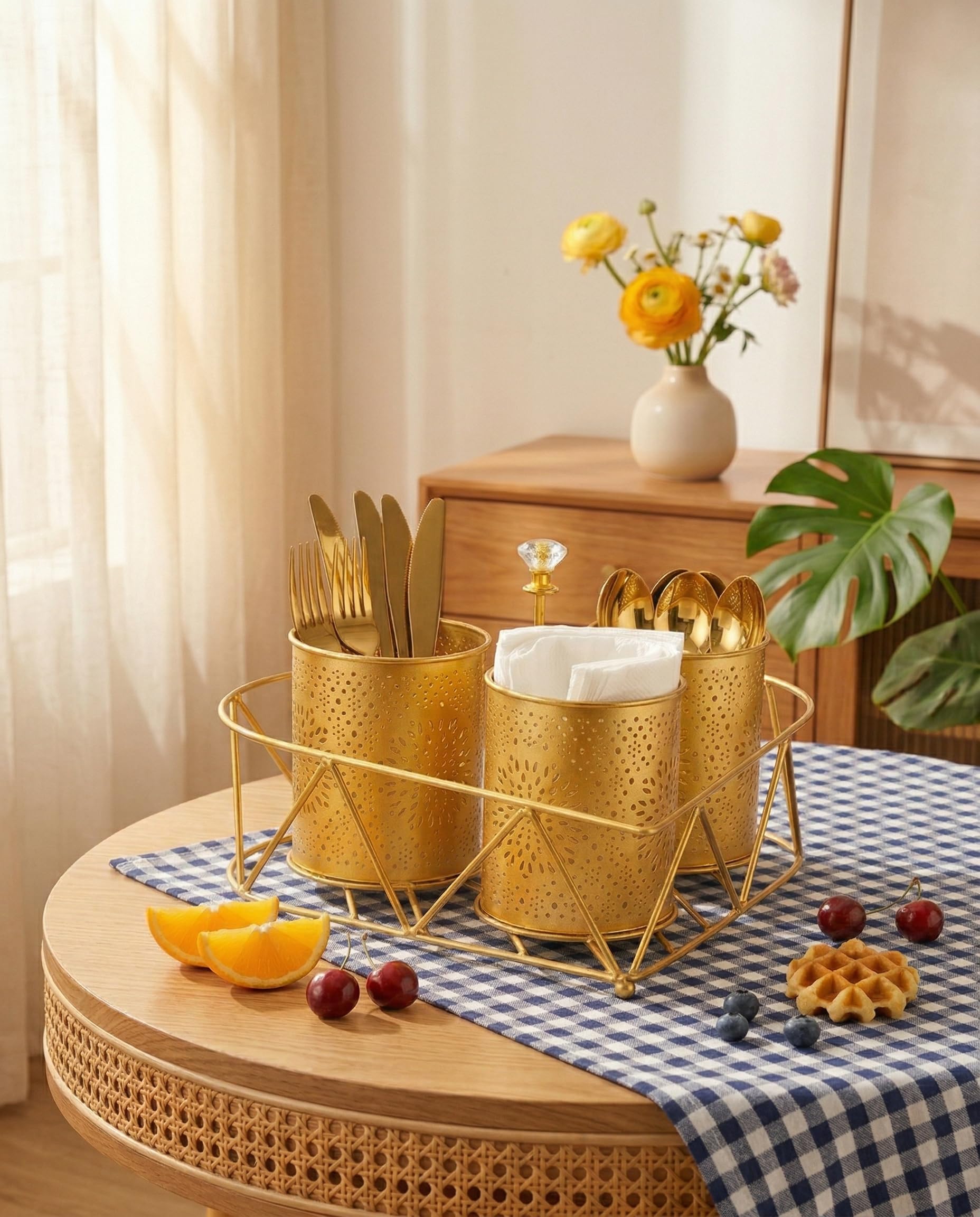 Heart Shape Gold Metal Cutlery & Tissue Holder | 3 Compartment Spoon, Fork & Napkin Stand for Dining Table & Kitchen Decor