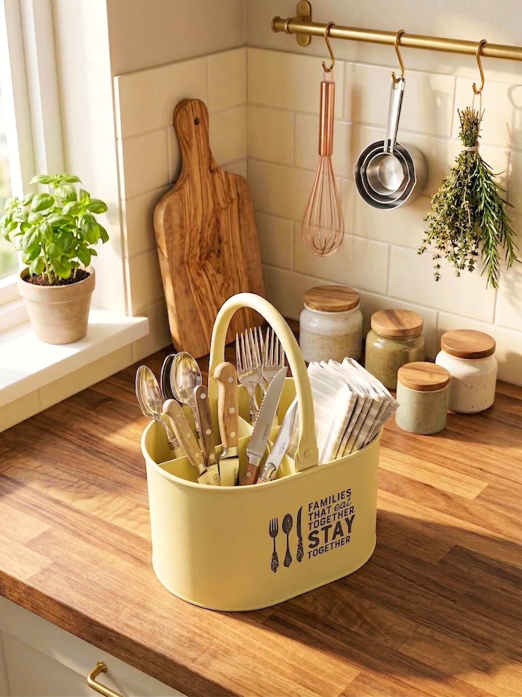 Metal Cutlery Holder 4 Compartment Utensil Caddy Basket for Spoon Stand for Kitchen, Spoon Holder for Kitchen Utensils - Kitchen Organizer (Beige)
