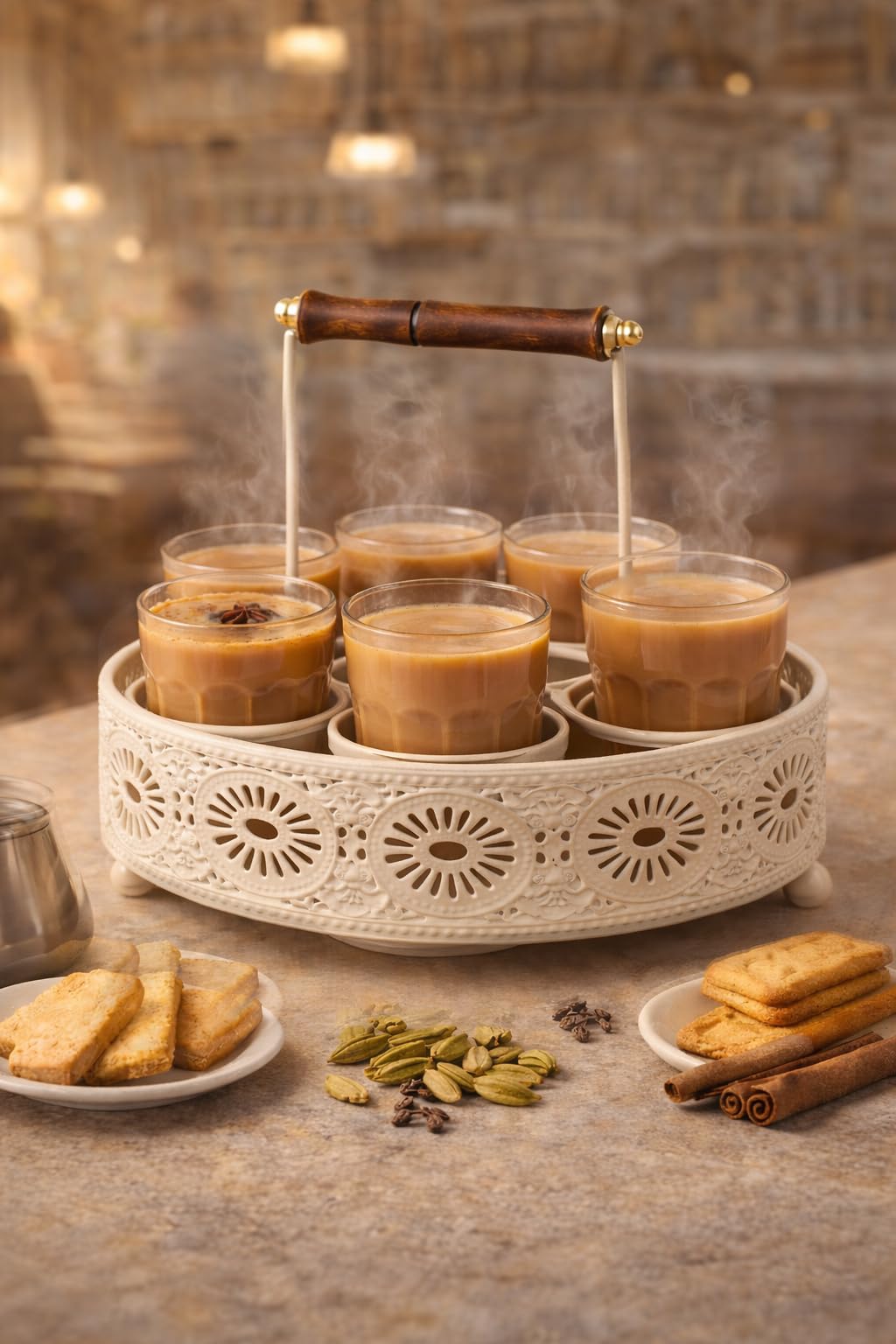 Premium 6-Glass Chai Serving Set with Carved Metal Stand | Tea Glass Holder for Home & Kitchen | Chai Tea Cup Stand for Café, Office & Gifting | Traditional Indian Tea Serving Rack