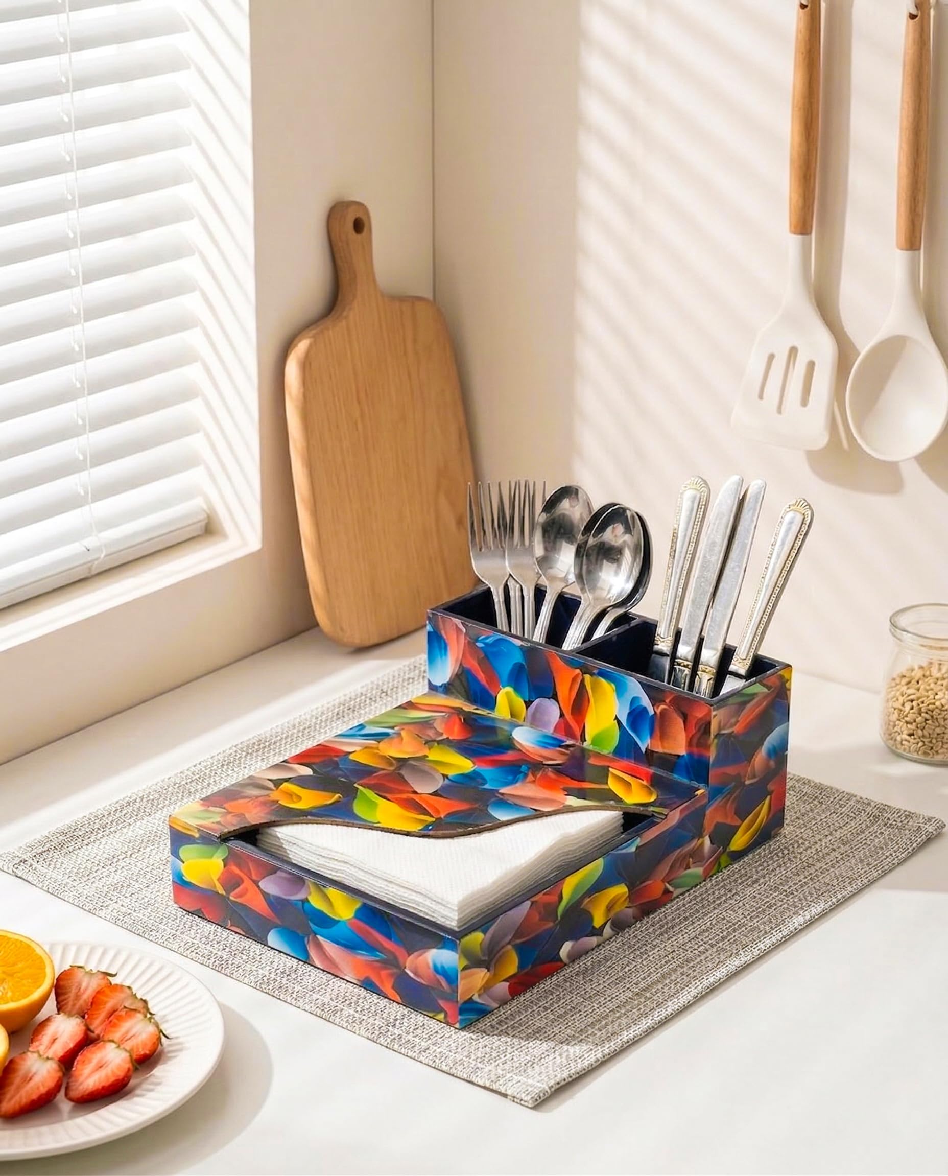 R.K. Handicrafts MDF Wooden Organizer Spoon Stand for Home & Kitchen | Spoon and Napkin Holder for Dining Table_Multicolor 3