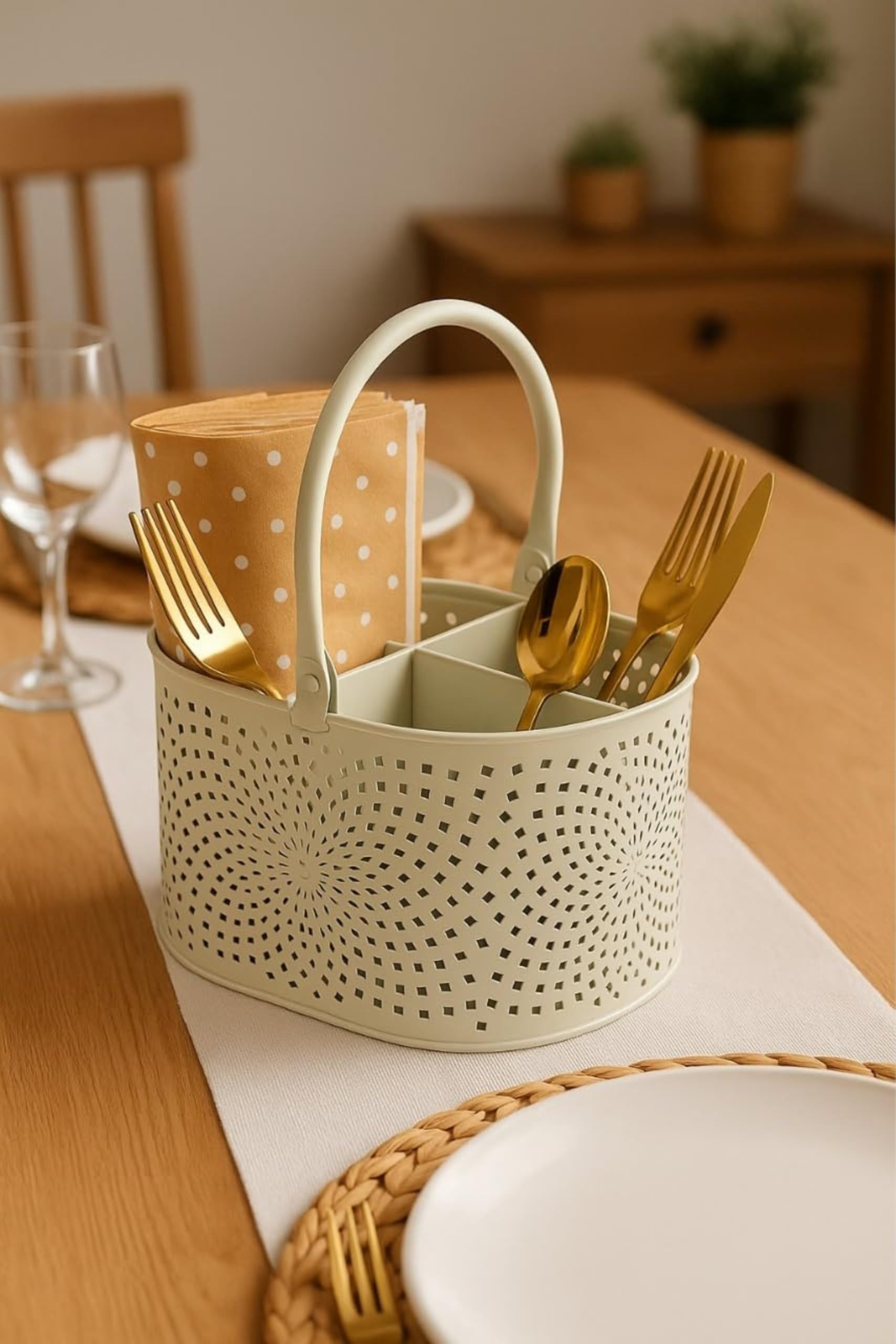 Metal Cutlery Holder for Dining Table – Spoon, Fork, Knife & Tissue Stand | Mesh Organizer for Kitchen & Home | Tabletop Napkin Holder | 13x15x13 cm