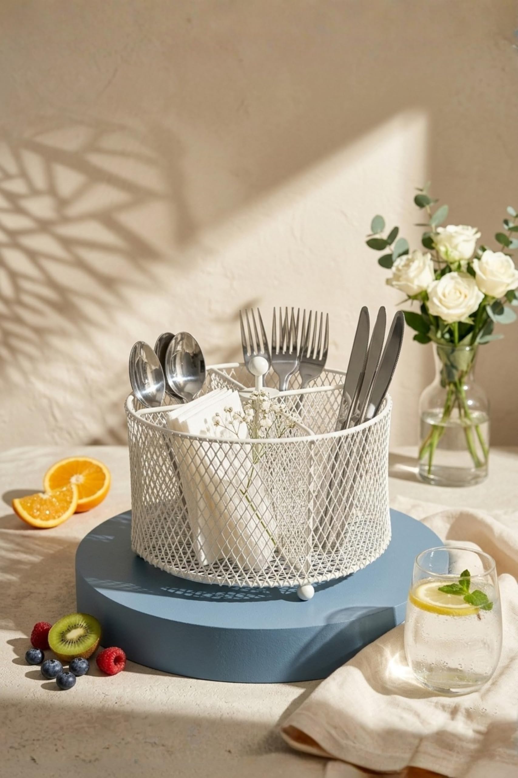 4-in-1 Metal Cutlery Holder for Dining Table – Premium Spoon Fork Knife Stand with Tissue/Napkin Holder | Mesh Tabletop Organizer for Home & Kitchen