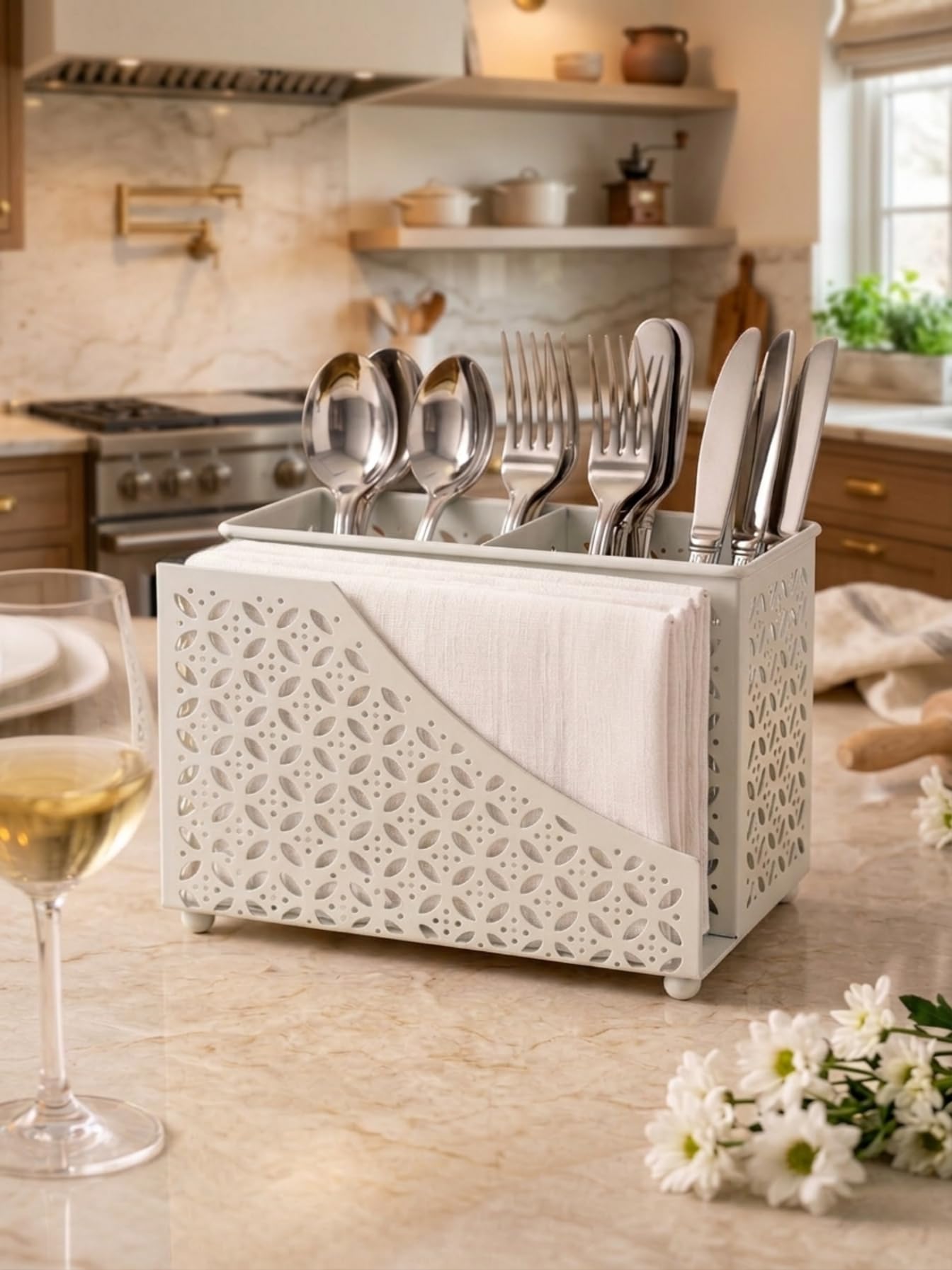Cream Napkin Holder with Utensil Slots – 2-in-1 Table Organizer for Kitchen & Dining Table | Metal Cream Napkin Dispenser for Home, Buffet, Picnic, Parties | Cutlery Holder for Forks, Spoons, Knives