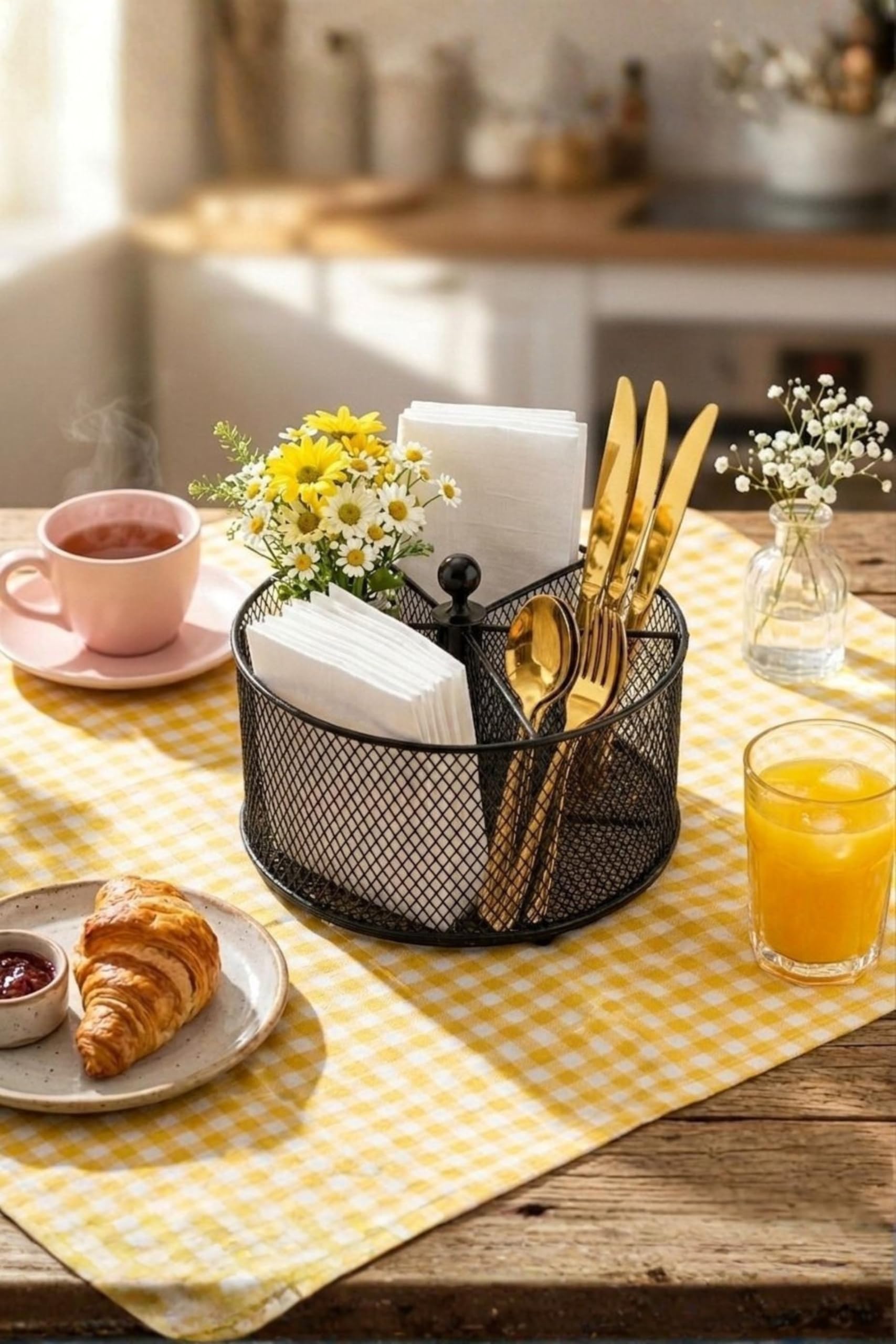 4-in-1 Metal Cutlery Holder for Dining Table | Spoon Fork Knife & Tissue Stand Organizer | Mesh Napkin Holder for Kitchen, Dining & Home | Multi-Purpose Tabletop Holder (16×16×8 cm, Dark Brown)