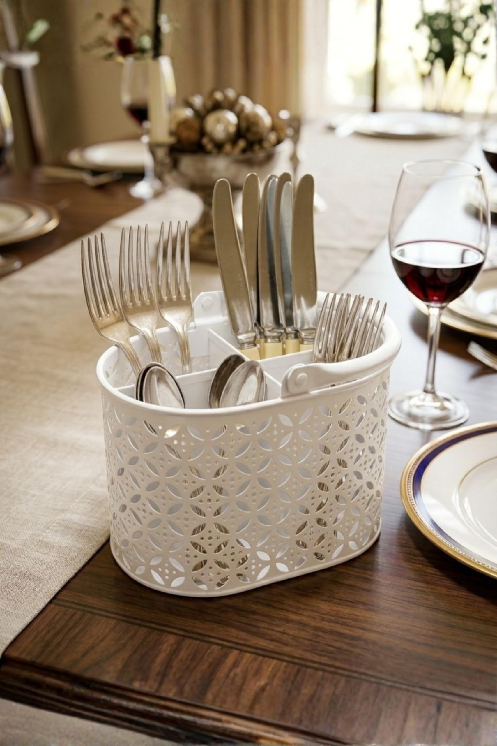 Metal Cutlery Holder for Dining Table for Storing Spoon, Fork, Knife & Tissue Stand | Mesh Organizer for Kitchen & Home | Tabletop Napkin Holder | 13x15x13 cm (Ivory)