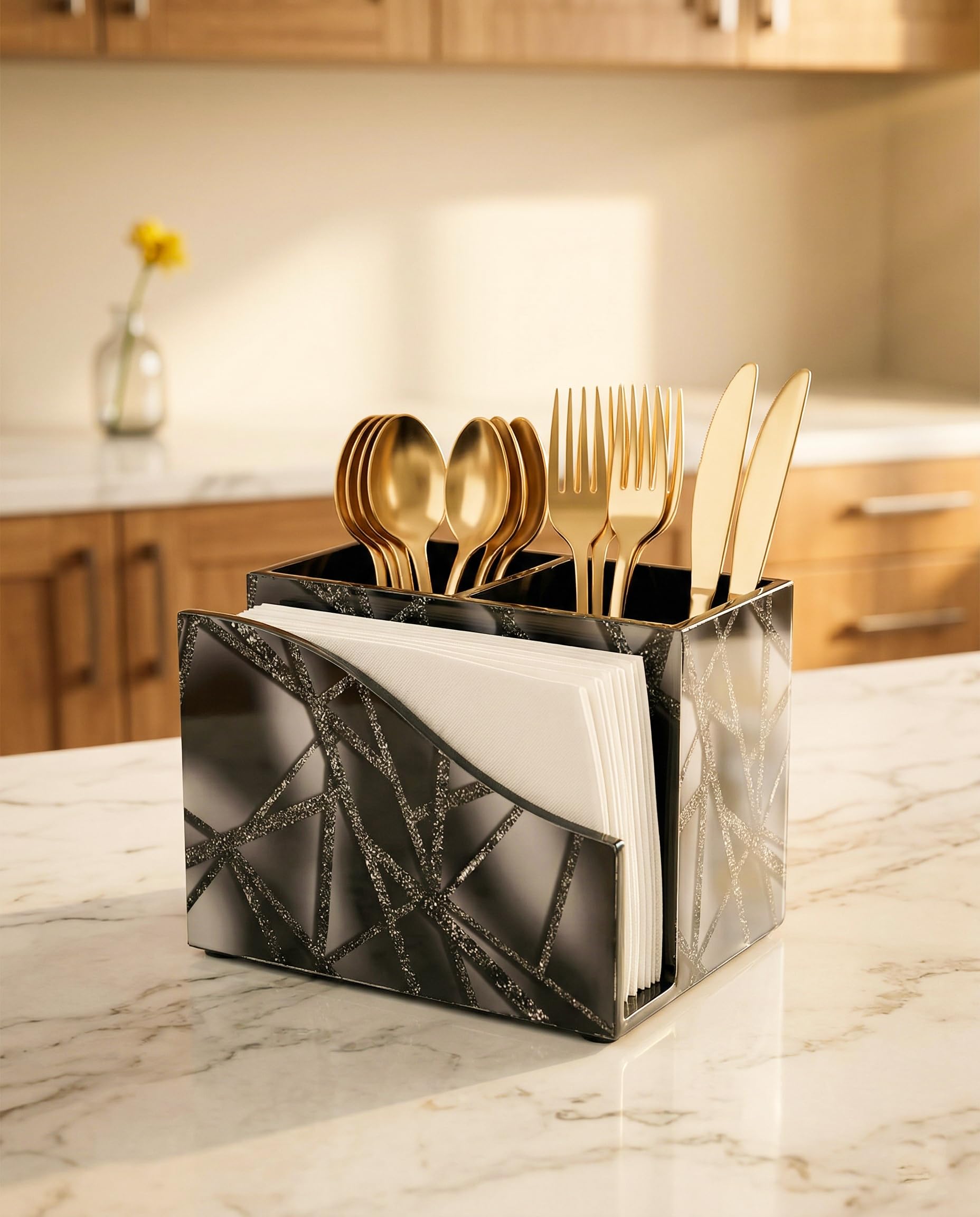 Premium MDF Wooden Cutlery Holder with Napkin Stand – Silver Pattern Finish | Kitchen & Dining Table Organizer