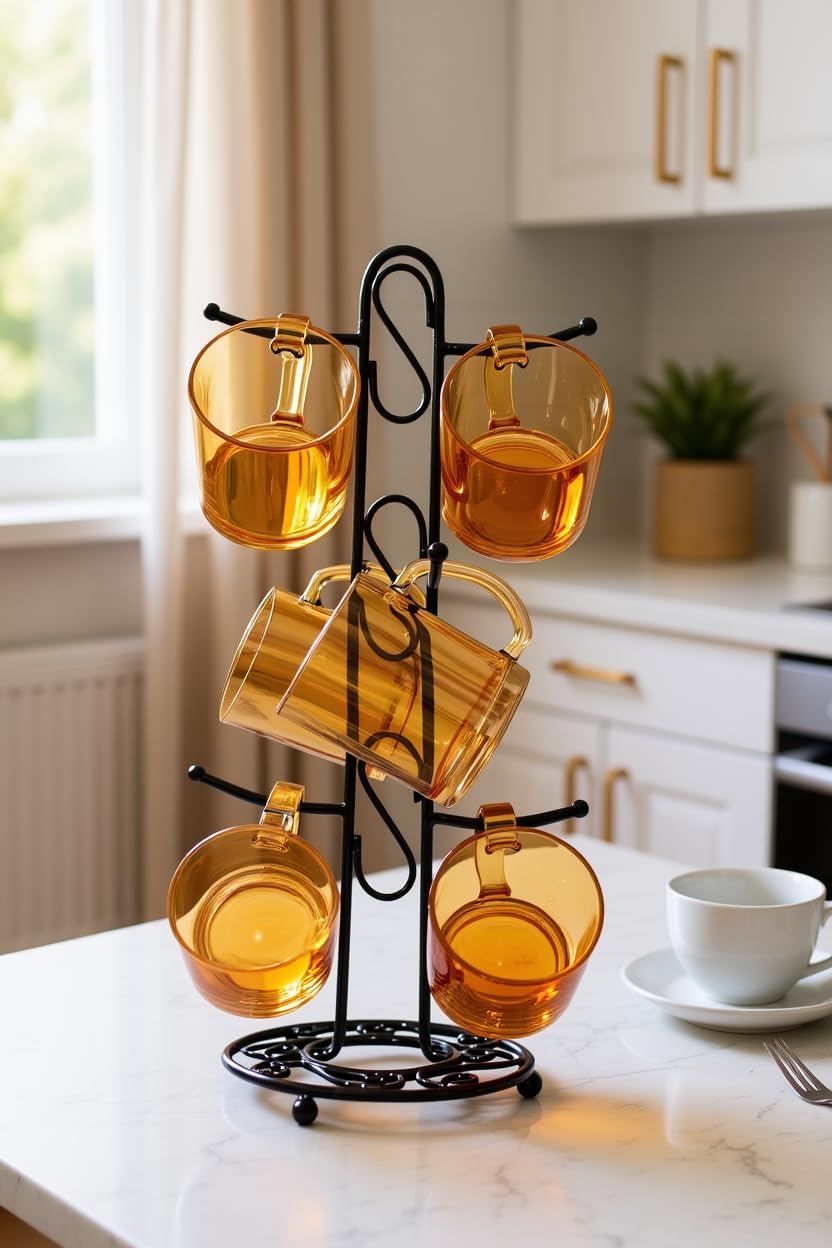 Premium Amber Glass Cup Set with Metal Stand – 6 Transparent Tea & Coffee Cups (300 ml each) – Elegant Glassware Set for Home, Kitchen & Gifting – Space-Saving Cup Holder Stand (46x15 cm)