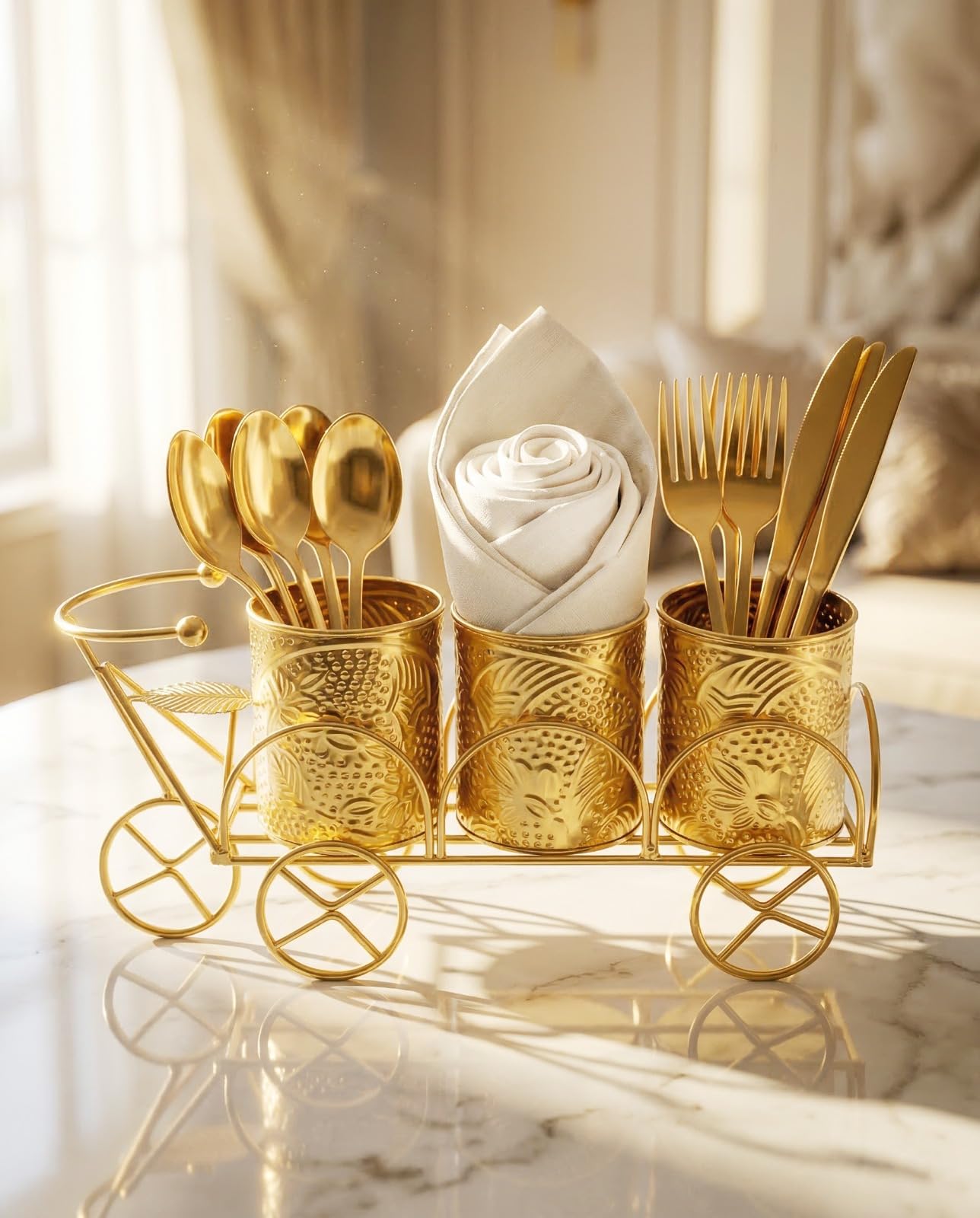 Cutlery Holder for Dining Table | 3-Compartment Spoon Fork Knife Stand with Tissue Holder | Galvanized Iron Cutlery Organizer for Kitchen, Home, Hotel & Restaurant | Tabletop Spoon Stand