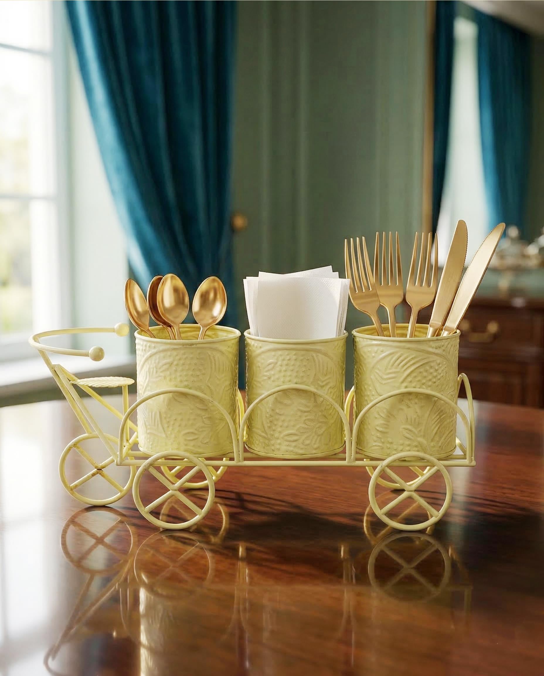 Cutlery Holder for Dining Table with Tissue Holder | Cream Metal Spoon Fork Knife Stand Organizer | 3 Compartment Tabletop Cutlery Stand