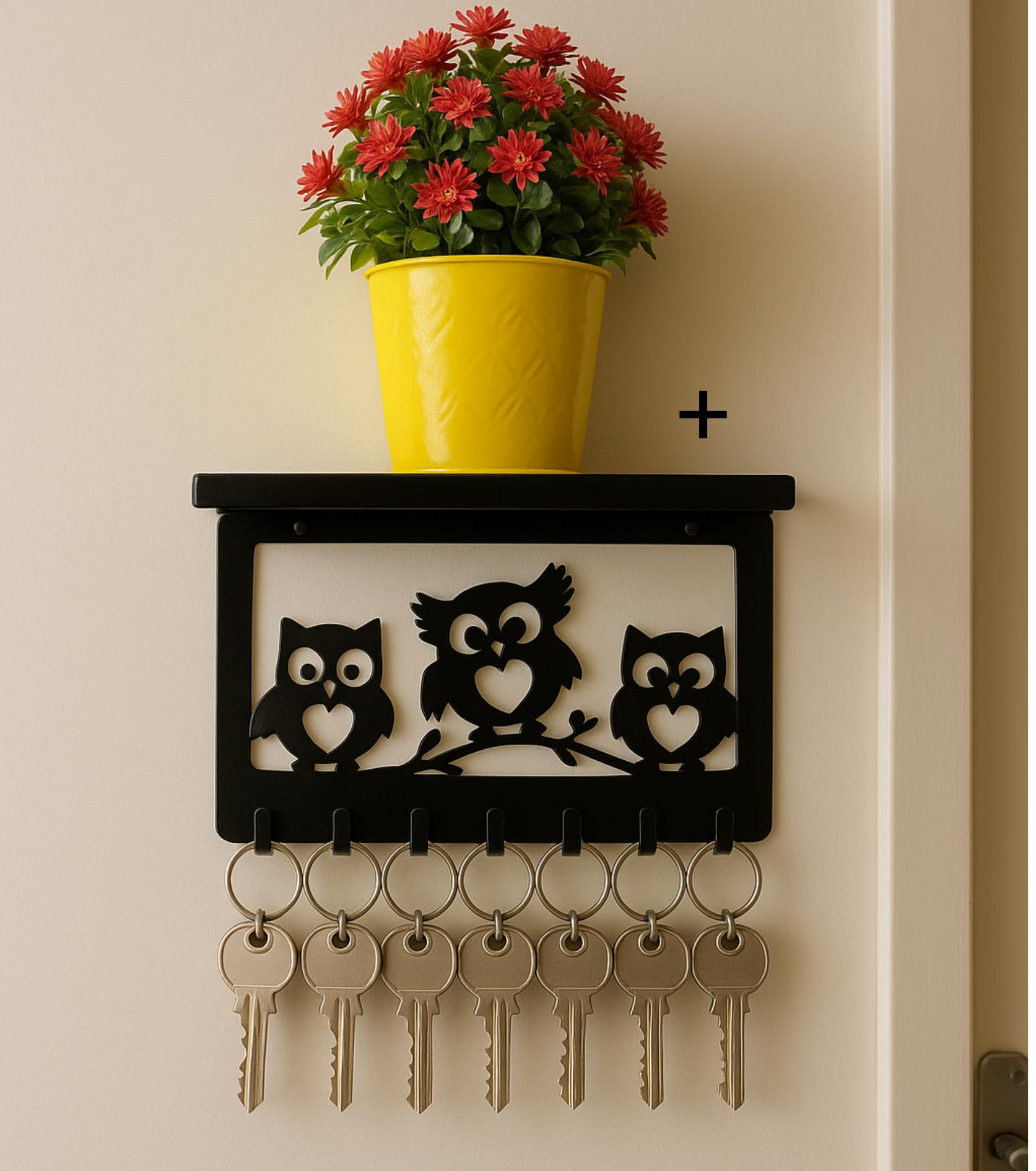 Wall Mounted Key Holder with Shelf & Planter Stand – 9 Hooks, Owl Design, Black Metal Frame (25 x 15 cm) with Plant Stand & Planter Pot for Home, Entryway, Kitchen & Office Organizer