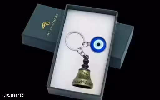 Guardian Bell Keychain with Evil Eye Charm Metal keychain with evil eye Vintage-style bell keychain Engraved guardian bell Golden finish bell keychain Blue evil eye charm