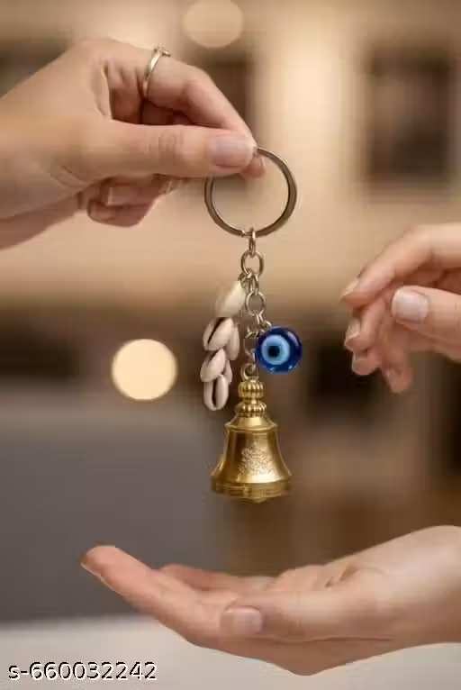 Golden Guardian Bell Keychain with Natural Cowrie (Koddi) Shells & Blue Evil Eye Nazar Suraksha Charm – Spiritual Lucky Protection Ghanti Metal Key Ring for Bike Riders, Car, Home & Office Keys | Positive Energy, Safety & Auspicious Gifting Keychain