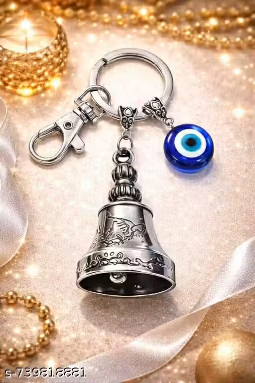 Antique Bell Evil Eye Keychain for Car & Bike Keys – Blue Nazar Protection Charm Blue Evil Eye with Antique Bell Keychain for Car Keys, Bike Keys & Bags Metal Bell Evil Eye Car Keychain – Stylish Nazar Protection Key Ring
