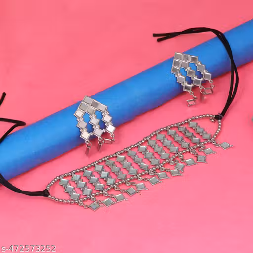 Mariyam Fashion Women's Silver Plated Oxidised Tassel Beads Choker Jewellery Set, Necklace And Earring Sets For Women, Choker Necklace Set Oxidized Mirror Necklace | Traditional Jewelry for Women | Ethnic & Boho Look