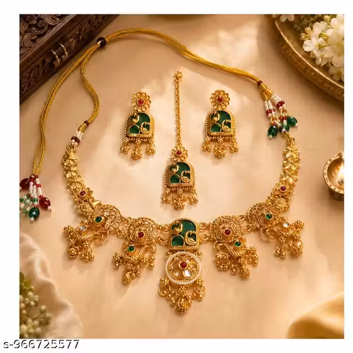 Traditional Gold Plated Green Choker Necklace Set with Earrings & Maang Tikka for Women | Festive Wedding Choker Jewellery Set
