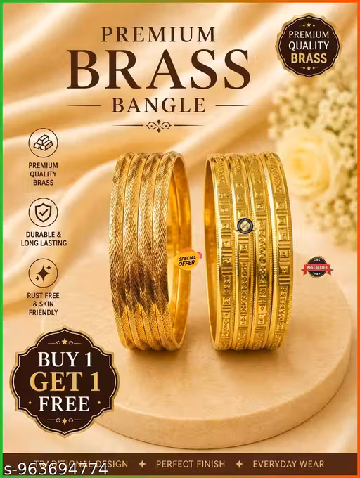 Gold Plated Brass Kangan Set for Women | Engraved Designer Bangles | Traditional Gold Look Kada Set | Bridal, Wedding & Party Wear | Set of 8 Bangles