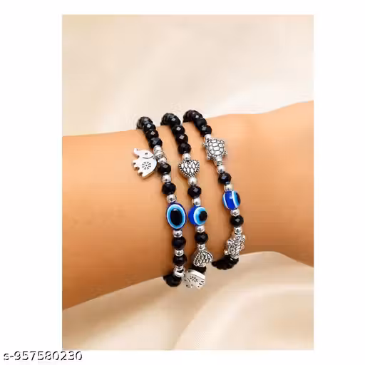Evil Eye Protection Bracelet Combo for Women | Black Beads Stretch Bracelet Set | Elephant, Heart & Turtle Charm Bracelet | Adjustable Fashion Jewelry