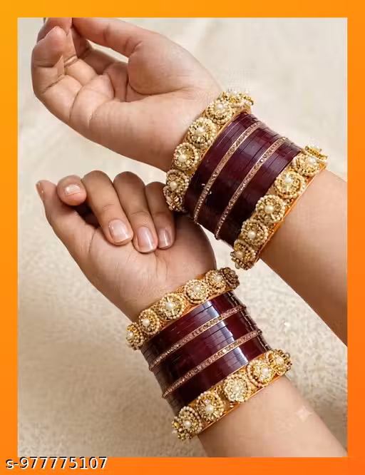 Elegant Bridal Chuda Set for Women | Maroon & Golden Pearl Stone Work Wedding Bangles | Traditional Punjabi Chura Set