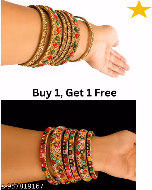 2 combo set of Multicolor Stone Studded Traditional Bangles Set for Women | Gold Plated Designer Kada & Bangles Combo | Wedding, Festive & Party Wear (Set of 6)