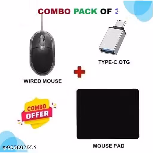 MOUSE + MOUSE PAD + TYPE-C OTG ConnectorCOMBO OFFER - WIRED OPTICAL MOUSE | Smart OTG Type C Adapter | Mouse Pad Non-Slip Rubber Base Pack of 3 Combo