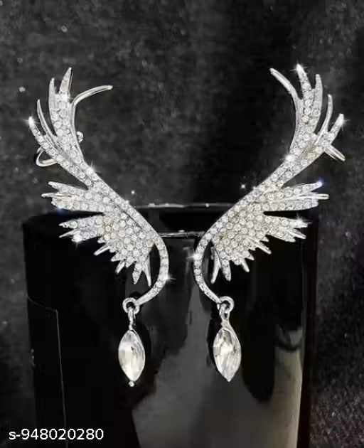 Universal Jewels Alloy Angel Wings Rhinestone Clip Earrings Party Jewelry For Women | Shimmering Silver Wing Earrings for Women & Girl | Korean Trendy Ear Cuff | Silver plated Rhinestone Ear Cuff.