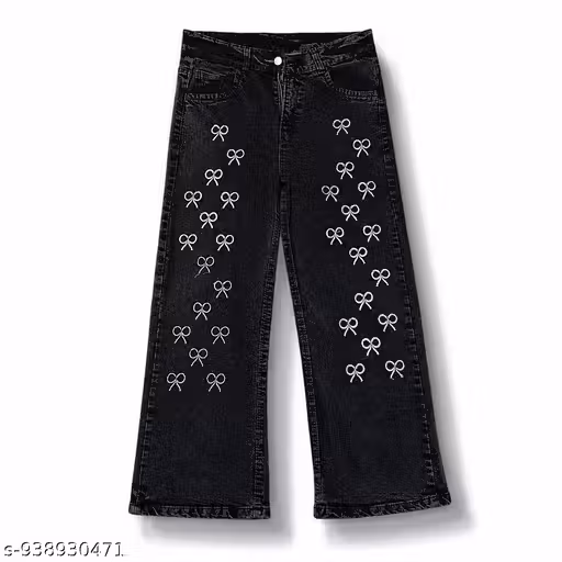 Stylish Girls Wide Leg Embroidered Denim Jeans | High Waist Baggy Fit Jeans for Women | Trendy Korean Style Loose Fit Denim Pants | Premium Stretchable Blue Jeans