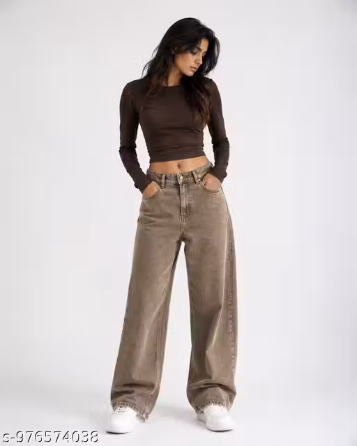 Women Brown Wide Leg High Rise Jeans | Relaxed Fit Washed Denim Jeans with Deep Pockets