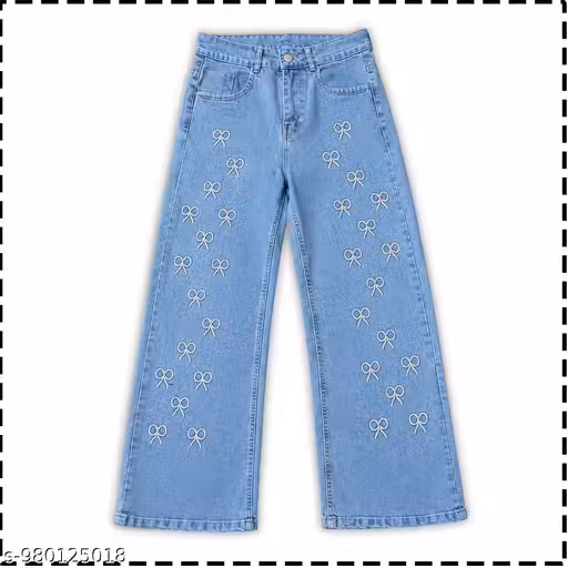 Girls Wide Leg Denim Jeans with White Bow Embroidery | High Waist Relaxed Fit Stylish Fashion Jeans for Girls & Women