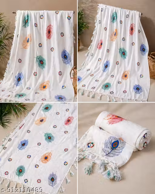 White Multicolor Peacock Feather Printed Dupatta for Women | Soft Lightweight Ethnic Dupatta with Tassels | Daily Wear & Festive Style