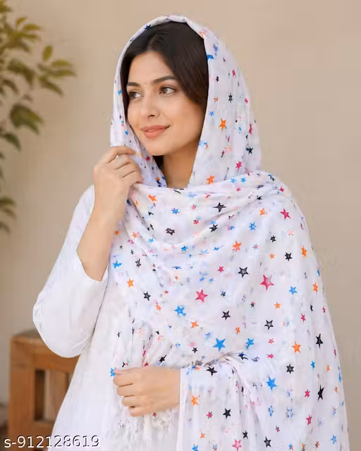 White Multicolor Star Printed Cotton Dupatta for Women | Lightweight Soft Stylish Daily Wear Dupatta