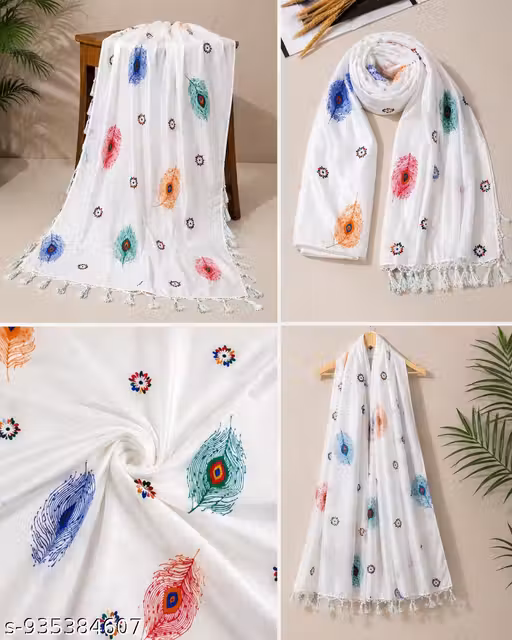 Women White Peacock Feather Print Cotton Blend Dupatta with Tassels