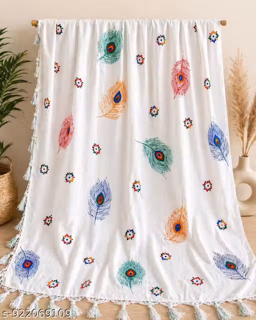 2 Meter Cotton Dupatta with Peacock Feather Print & Tassels