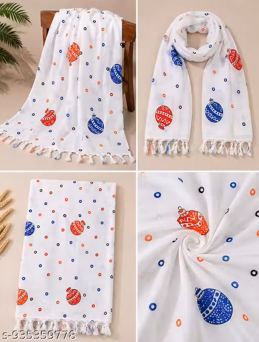 Women White Printed Tassel Dupatta for Ethnic & Casual Wear