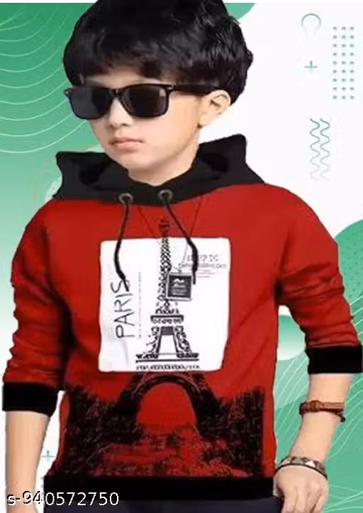 KIDS BOYS AND GIRLS HOODED NECK FULL SLEEVES PRINTED REGULAR FITTED COTTON T-SHIRT/ PARIS T-SHIRT