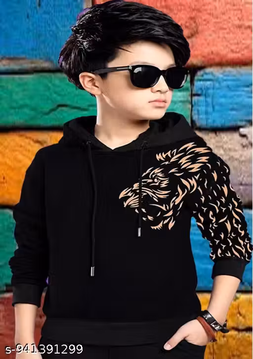 KIDS HOODED NECK LION PRINT REGULAR FITTED CASUAL WEAR COTTON T-SHIRT
