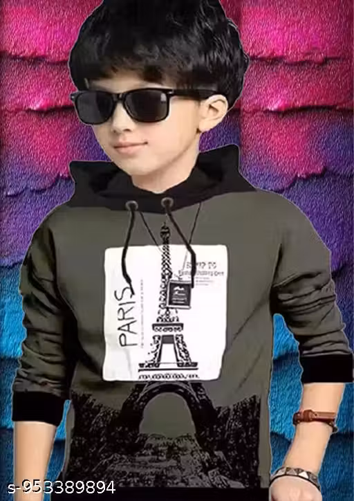 KIDS BOYS AND GIRLS HOODED NECK FULL SLEEVES PRINTED REGULAR FITTED COTTON T-SHIRT/ PARIS T-SHIRT