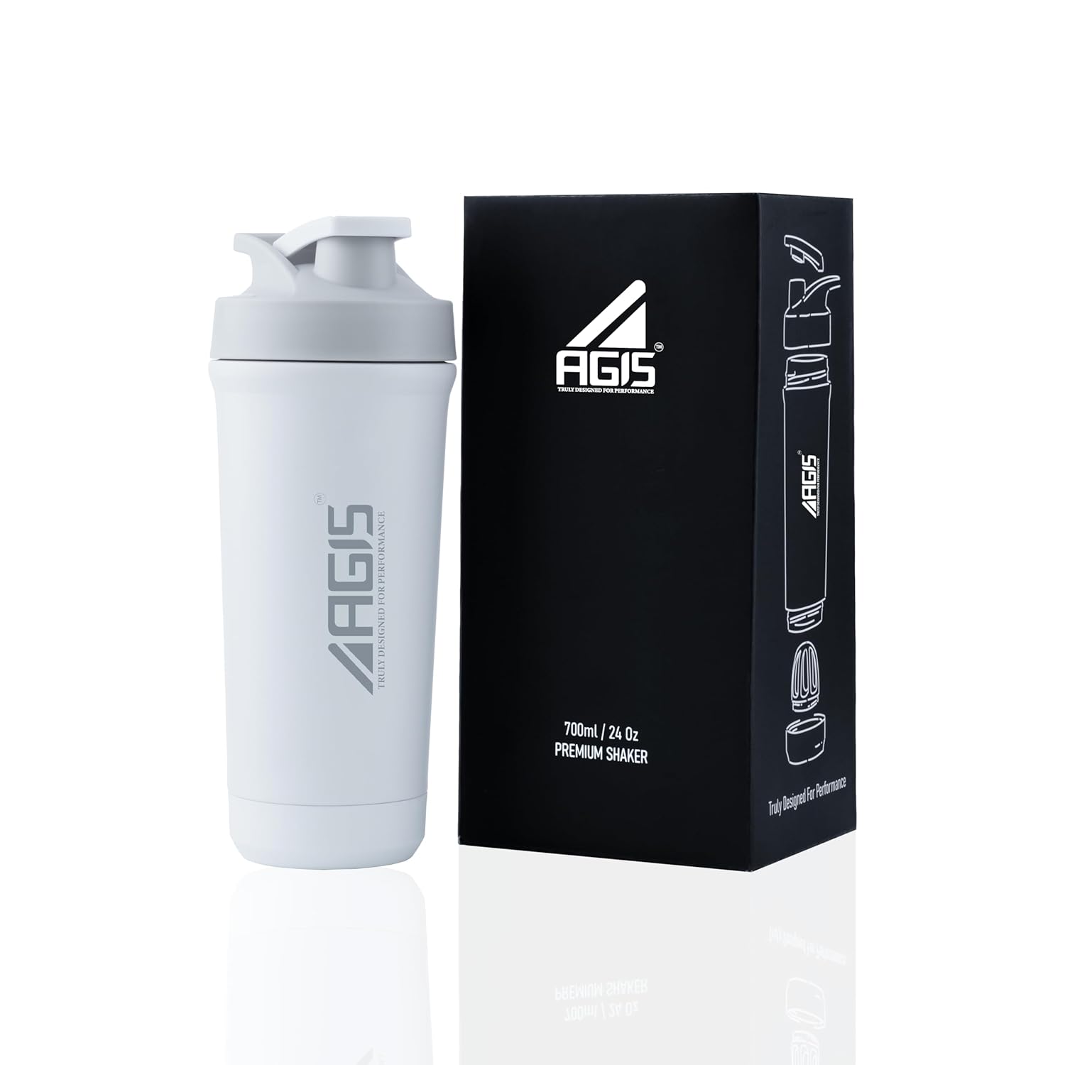 AGIS Bottom’s Up Premium Stainless Steel Shaker Bottle 700ml – Leak-proof mixer with bottom opener for easy cleaning. Rust-resistant, odor-free, BPA-free, dishwasher safe for gym & daily use. (White)