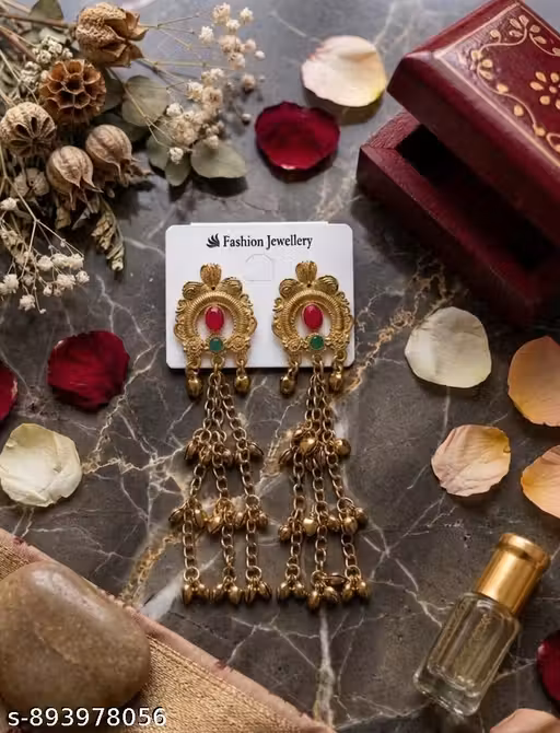 Traditional Gold Plated Long Chain Drop Earrings for Women & Girls
