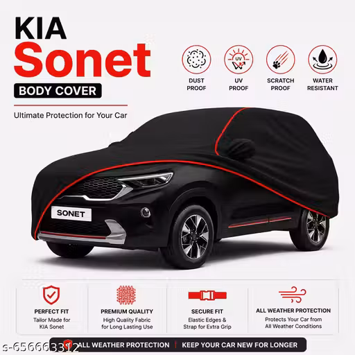 VOICO Water-Resistant Dustproof Car Cover for Kia Seltos - Mirror Pocket, UV Protection, Scratch Guard, Buckle Belt, Front & Back Bottom Elastic with Red Piping