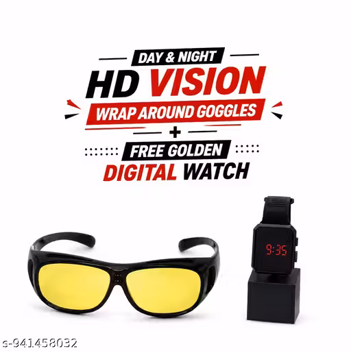 Day & Night HD Vision Wrap Around Goggles + Free Golden Digital Watch