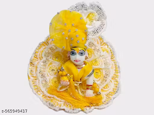 Laddu Gopal Summer Poshak Size 5 | Fancy Frill Cotton Krishna Dress Set with Mukut & Patka | Kanha Ji Vastra for Janmashtami, Daily Puja, Mandir Decor